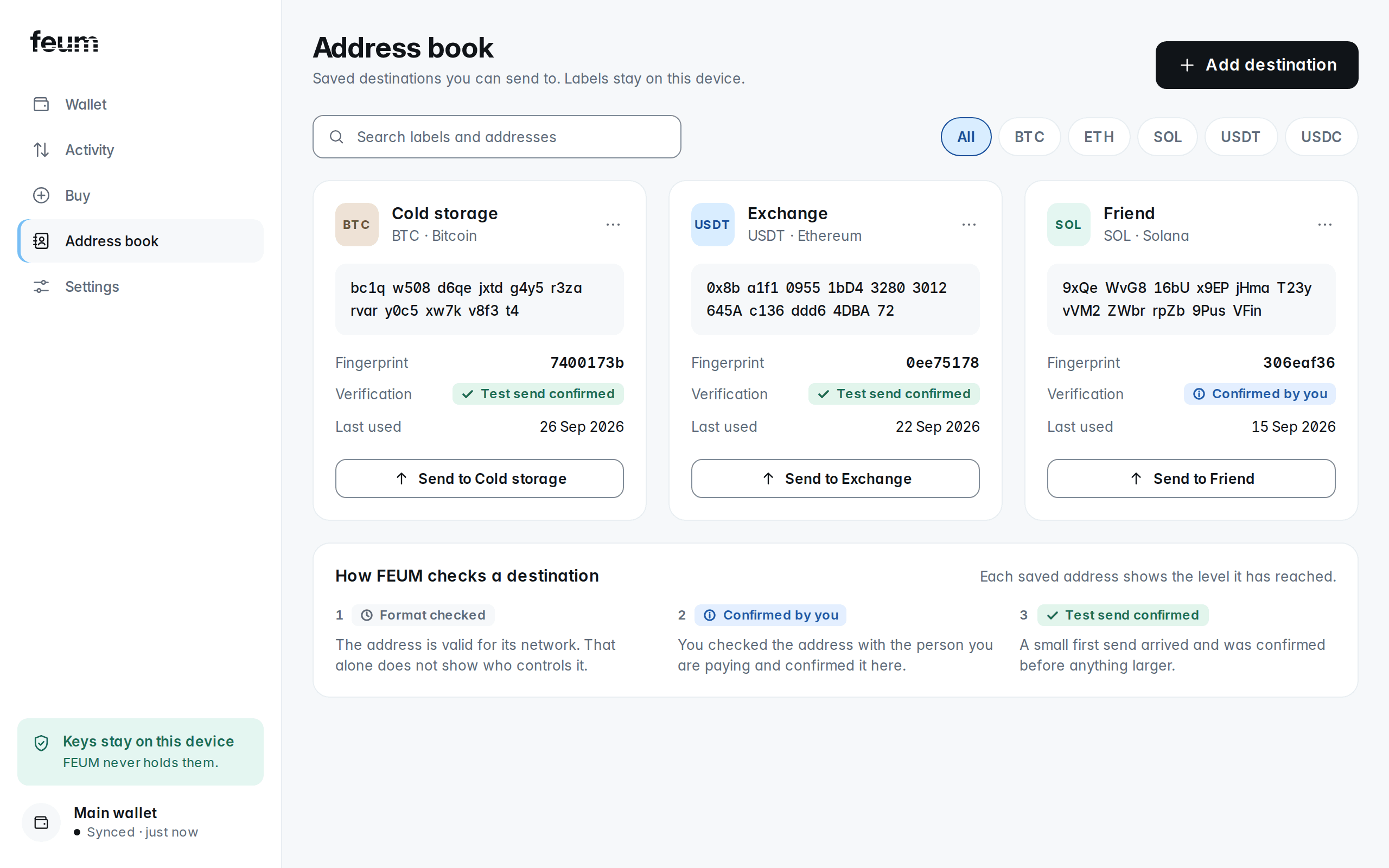 Address book on desktop: three saved destinations, each with its asset, network, full address, fingerprint and how it was verified