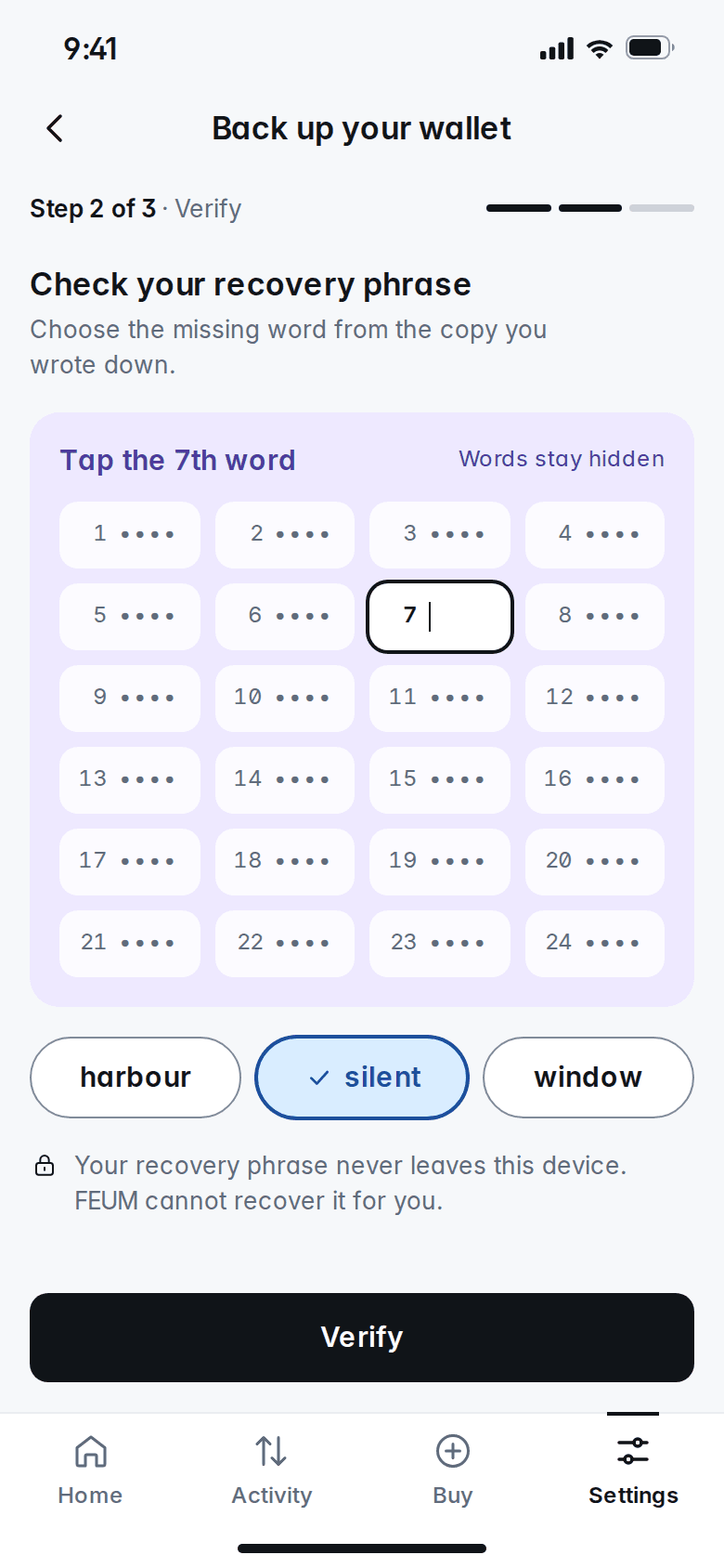 Back up your wallet, step 2 of 3: the words of the recovery phrase stay hidden while you pick the 7th word from three choices