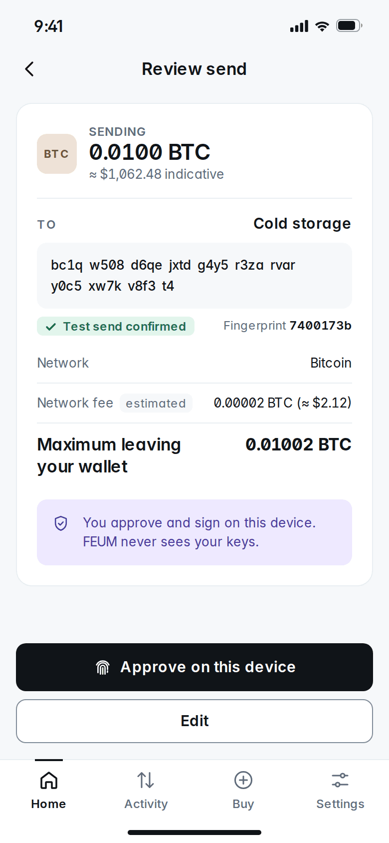 Review send screen: 0.0100 BTC to Cold storage, with the full address, the Bitcoin network, the network fee and an Approve on this device button